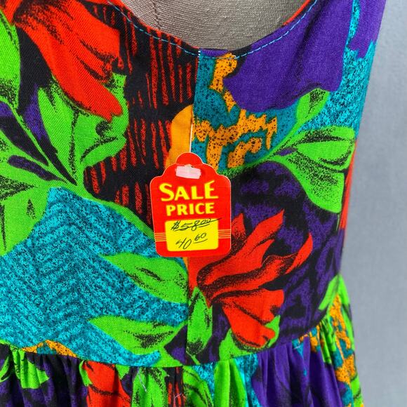 Vtg 80s 90s Two Potato Aloha Floral Midi Tiered Tie Shoulder Dress M Resort Wear - Picture 15 of 16